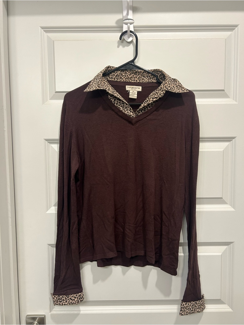 Notations Petite Medium Brown Top Leopard Print Collar Cuffs Long Sleeve 90s Y2K